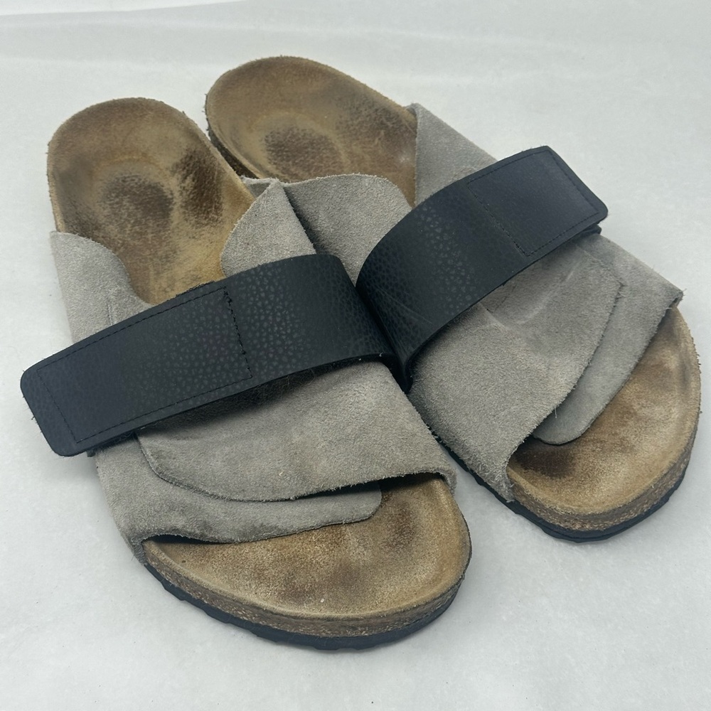 Birkenstock Kyoto Nubuk Leather Gray and Black Slide Sandals Size 41